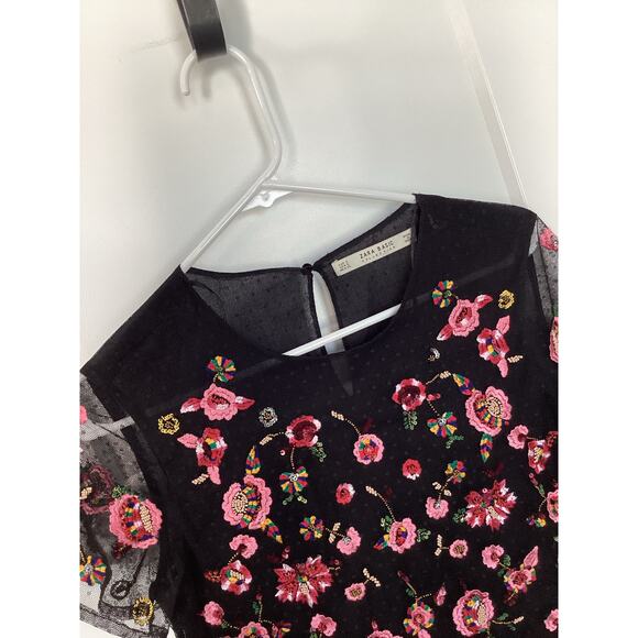 Zara Women's Boho Floral Embroidered Mesh Tulle Blouse Top Black Size Small - Picture 2 of 10